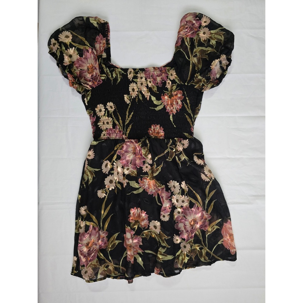 Lily Rose Floral Puff Sleeve Smocked Mini Dress Black Mauve Size Small - Picture 11 of 16